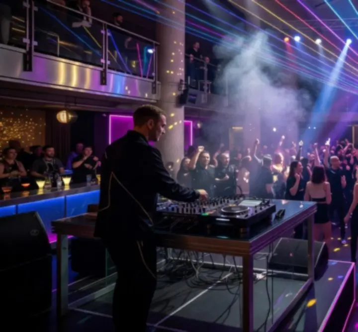 DJ party éjszakai fényekkel és táncoló közönséggel