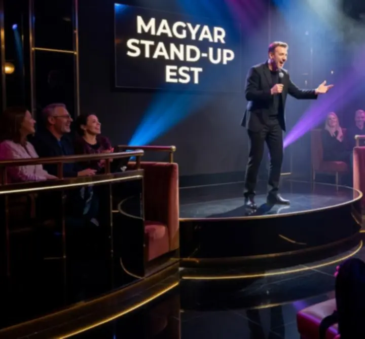 Humorista a színpadon stand-up esten, nevető közönséggel.